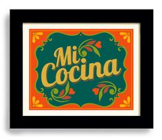 an orange and green sign with the word mi cocina written in spanish on it