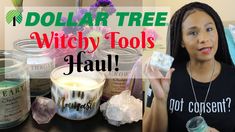 a woman holding up a jar with candles in it and the words dollar tree witch tools haul