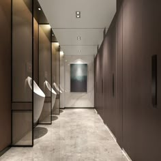 a row of urinals in a bathroom with brown walls and white flooring