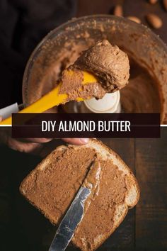 the peanut butter is being spread on top of bread and then put in a bowl