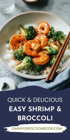 shrimp and broccoli stir fry on rice in a bowl with chopsticks