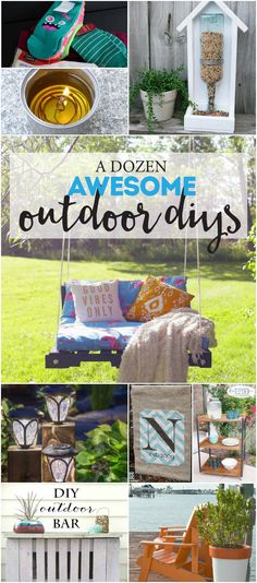 the cover of an outdoor magazine with pictures of furniture and decorations on it, including a birdhouse