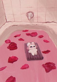 a painting of a dog in a bathtub surrounded by rose petals