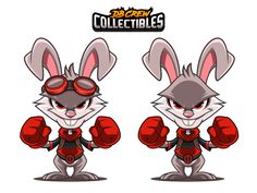 a cartoon rabbit with boxing gloves and goggles on it's head, standing next to each other