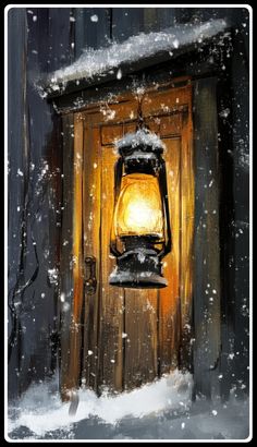 a painting of a lantern in the snow on a wooden door with light coming from it