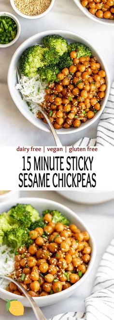 three bowls filled with different types of food and the words 15 minute sticky sesame chickpeas