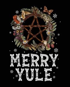 merry yule with an image of a pentagramil surrounded by flowers and leaves