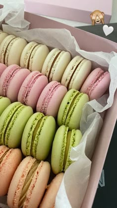 a box filled with lots of different colored macaroons