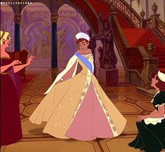 the princess and the frog are talking to each other in front of an ornate staircase