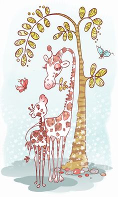 two giraffes are standing next to a tree with butterflies on it's branches