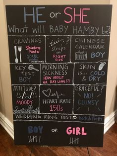 a blackboard with writing on it that says he or she what will baby hamley be?