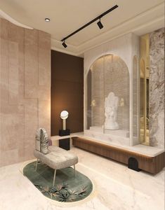 a living room with marble walls and flooring