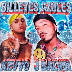 two men standing next to each other with tattoos on their arms and chest, one wearing a bandana