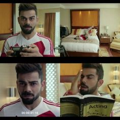 four different shots of a man holding a book and looking at the camera while he's reading