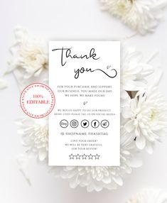 the wedding thank card is surrounded by white daisies and red rubber stamping that says,'thank you '