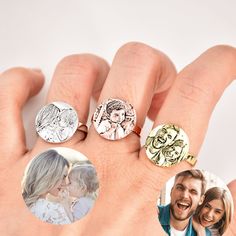 Personalized Photo Ring Dainty and delicate, this ring will capture your heart with its unique design. Customize the photo ring for the special one you love the most and want to protect. It is the most beautiful words to say: I love you and let me protect you forever. DETAIL * Material: 925 Sterling Silver / Copper * Color: 100% Silver, Gold, Rose Gold * Inner Engraving: Max 20 Characters * Width: 3 mm * Signet: 15 mm x 15 mm PRODUCTION TIME * All our products are made to order so please allow us to take 6-14 business days to finish your jewelry before shipping out. SHIPPING TIME * UK orders: 3 - 5 business days with standard shipping. It subjects to be longer in holiday season. * Other countries: please check delivery date at check-out, or contact us if you need by a sooner date. MATERIAL Personalized Couples Jewelry, Personalized Valentine's Day Gift Rings, Couples Rings Gift, Personalized Open Ring Jewelry For Proposal, Couples Rings For Gifts, Personalized Open Ring For Proposal, Couples Open Ring Jewelry Gift, Personalized Heart Ring As A Gift, Customizable Round Rings For Valentine's Day