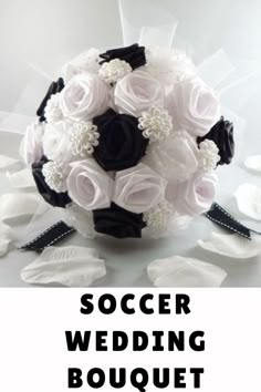 a white and black bridal bouquet with flowers on it is featured in this ad