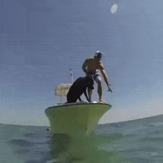 a man is standing on top of a small boat in the ocean with his dog