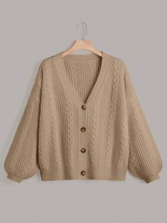 Introducing the epitome of cozy elegance, the Cable Knit Bishop Sleeve Cardigan. This enchanting fashion piece seamlessly marries timeless charm with contemporary flair, setting the stage for your fashion-forward journey through the cooler seasons. Crafted with meticulous attention to detail, the cable knit pattern adorning this cardigan exudes a sense of craftsmanship and tradition. Specifications: Style: Casual Pattern Type: Plain Sleeve Length: Long Sleeve Sleeve Type: Drop-Shoulder Length: M Elegant Oversized Knit Cardigan, Elegant V-neck Soft Knit Sweater Coat, Elegant Spring Acrylic Sweater, Elegant Knit Cardigan For Fall, Elegant Knitted Sweater Coat For Fall, Elegant Textured Knit Cardigan For Fall, Elegant Oversized Brown Cardigan, Elegant Brown Oversized Cardigan, Elegant Beige Cable Knit Cardigan