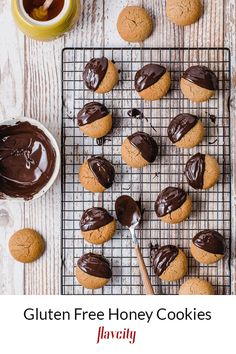 gluten free honey cookies with chocolate frosting on a cooling rack