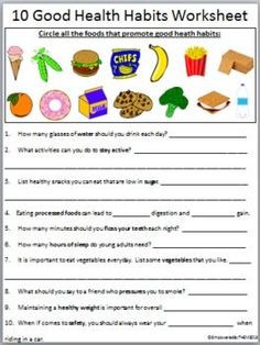 a worksheet for health and safety in the classroom with pictures of food items