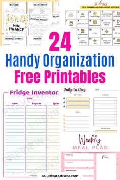 the free printable meal planner with text overlay that reads 24 handy organization free printables