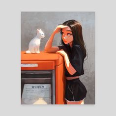 a woman standing next to an orange machine with a white cat on top of it