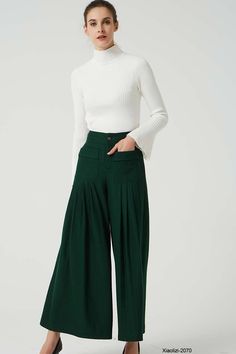 green pleated long wool pant, womens winter pant 2070 – XiaoLizi Womens Winter Pants, Winter Pant, Handmade Pants, Pleated Pant, Maxi Pants, Elegant Pant, Wool Clothing, Womens Pants, Wide Leg Pant