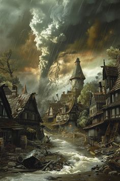 a painting of an old town in the rain with storm clouds and water running through it