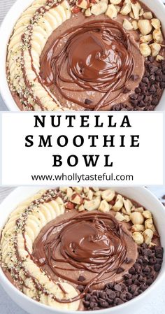 two photos of Nutella smoothie bowl topped with fresh banana, chocolate chips, hazelnuts and Nutella swirl with a caption in the middle. Acai Bowl With Nutella, Acai Bowl Recipe Nutella, Fall Acai Bowl, Healthy Dessert Smoothie Recipes, Nutella Acai Bowl, Banana Acai Bowl Recipe, Healthy Breakfast Bowl Recipes, Açai Bowl Recipes