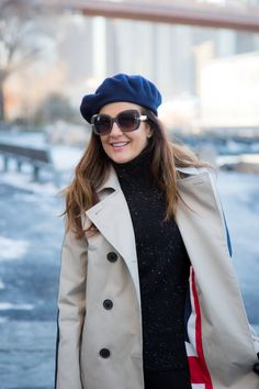 Winter outfit idea, how to wear a trench coat. #womensfashion #fashion #outfitidea #ootd #momfashion #style Trench Coat With Hat Outfit, Baseball Cap And Trench Coat, Trench Coat And Beret Outfit, Trench Coat With Fur Collar, Trench Coat Celebrity