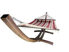 a hammock with chains hanging from it's sides and a wooden stand