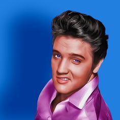 a digital painting of elvis presley wearing purple shirt and white collared shirt, with blue background