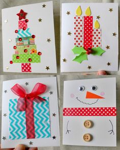 four christmas cards made with paper and buttons