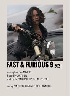 a woman riding on the back of a motorcycle in front of a white poster that says fast and fabulous