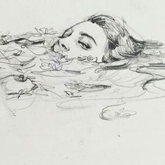 a pencil drawing of a woman swimming in water