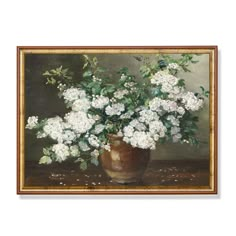 a painting of white flowers in a brown vase