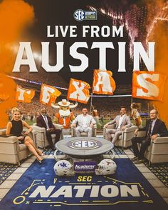 an ad for the sec football team with people sitting on couches in front of them