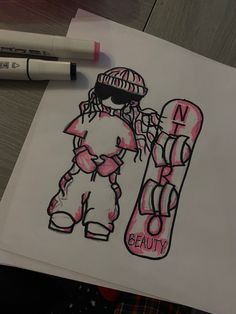 a drawing of a girl holding a snowboard on top of a piece of paper