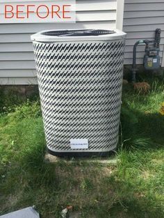 an air conditioner sitting in front of a house with the words before it is cleaned