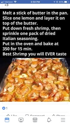 an image of a pizza with shrimp on it and the caption reads, melt a stick of butter in the pan slice one lemon and layer