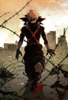 an anime character is walking in front of a barbed wire fence and cityscape