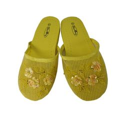 Girl's Kid's Child's Solid Color and Sequin Floral Beaded Mesh Chinese Slippers Size: 2.  Color: Yellow.  Gender: female.  Age Group: kids. Chinese Slippers, Mesh Slippers, Dress Sandals Flat, Floral Slippers, Red Slippers, Floral Sandals, Glitter Sandals, Comfortable Slippers, Bling Shoes