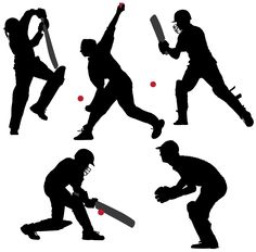 silhouettes of baseball players with bats and ball in different positions, including the batter