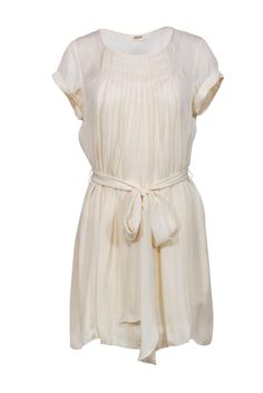 Current Boutique-L'Agence - Cream Pleated Short Sleeved Shift Dress w/ Belt Sz 2 Golden Accessories, Short Sleeve Shift Dress, Nude Lipstick, Dreamy Dress, Sheer Material, Pleated Shorts, Front Design, Strappy Sandals, Go On