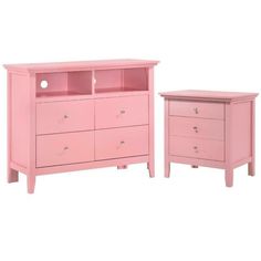 two pink dressers and a small table with drawers on each side, both in different colors