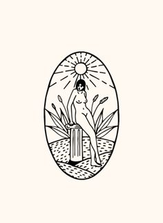 a black and white drawing of a woman with a sun above her head sitting on a trash can