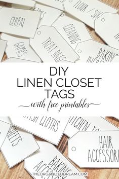 some white tags that have been placed on top of each other with the words, diy linen closet tags