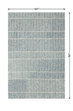 a blue and white rug with vertical lines on the side, measurements for each area