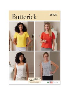 four different pictures of women in short sleeved tops and shorts, with the words butterick on them